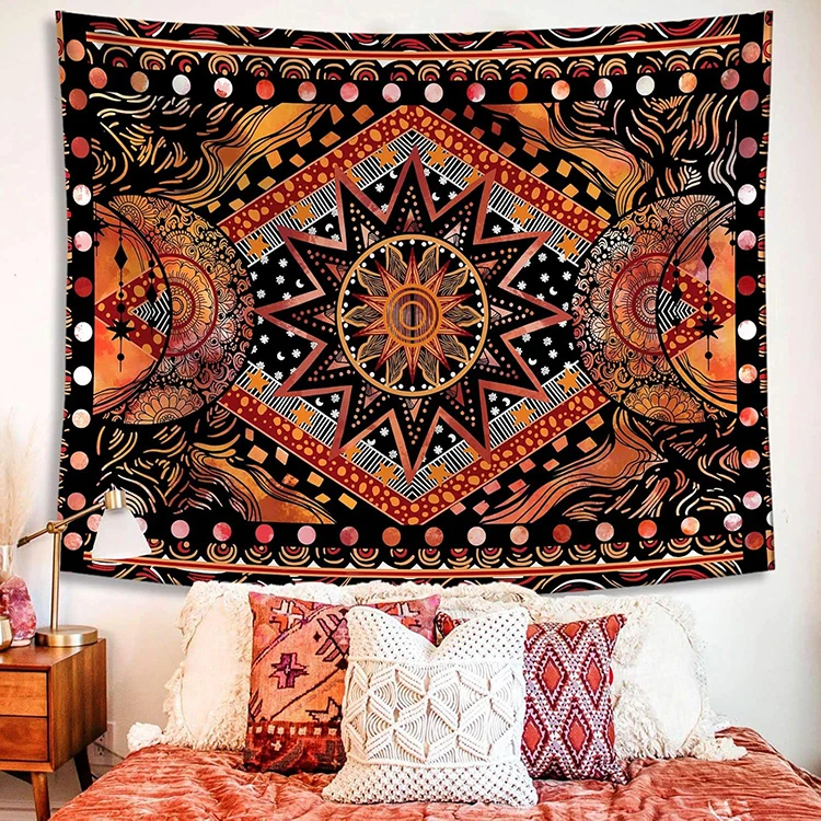 Indie Hippie Sun Moon Mandala Tapestry - Boho Psychedelic Orange Aesthetic Wall Decor for Bedroom Dorm 2 Indie Hippie Sun Moon Mandala Tapestry - Boho Psychedelic Orange Aesthetic Wall Decor for Bedroom Dorm - Image 2