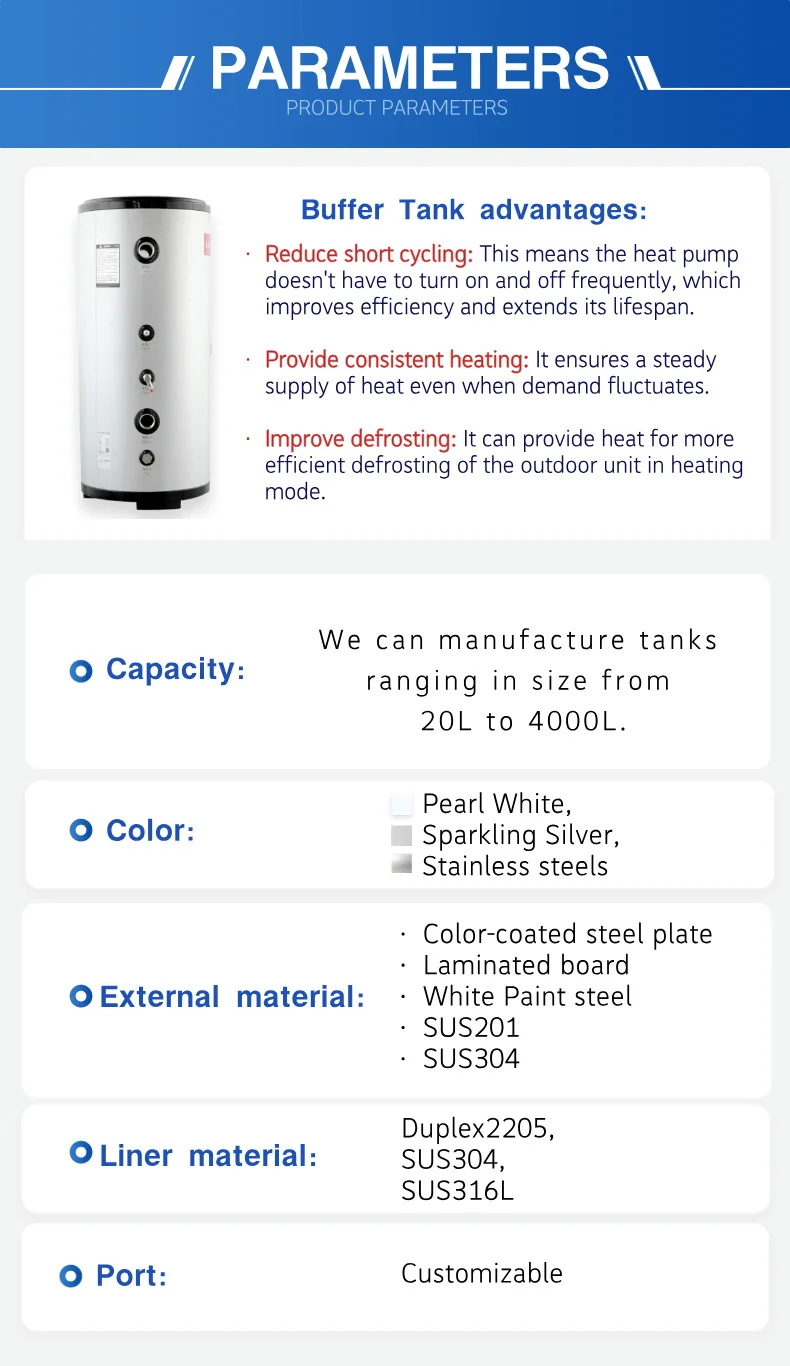 400L Buffer Water Tank for Hot Solar Water RV Household Air Source Heat Pump R290 Battery for Hotels Outdoor Applications