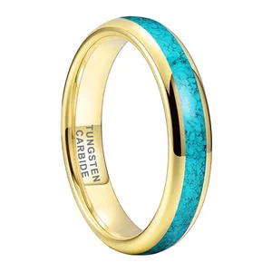 Coolstyle Jewelry 4mm Gold Tungsten Ring for Women Men Crushed Turquoise Inlay Fashion Jewelry Engagement Wedding Band