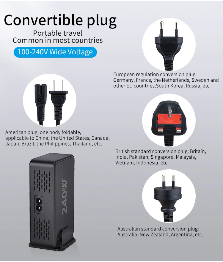 240W GaN充电器8端口台式笔记本电脑充电器PD 100W 30W USB C型手机快速充电器站