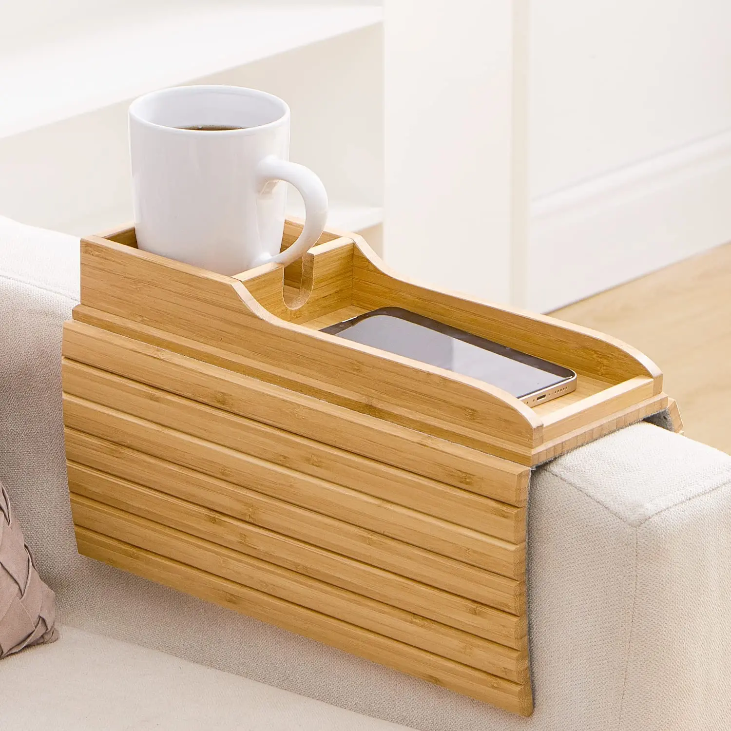 Couch Cup Holder Anti Falling Couch Drink Holder Natural Bamboo Sofa Arm Tray for Home