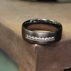 Fashion Jewelry Matt Finish 7mm Men Dome Shape White CZ Stones Inlay Comfort Fit Pure Tantalum Wedding Band Ring