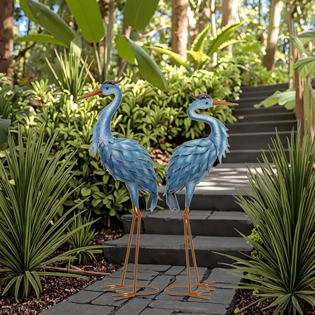 High Quality New Arrival Set of 2 Blue Free Standing Metal Patina Heron Decoy Outdoor Statue Garden Crane