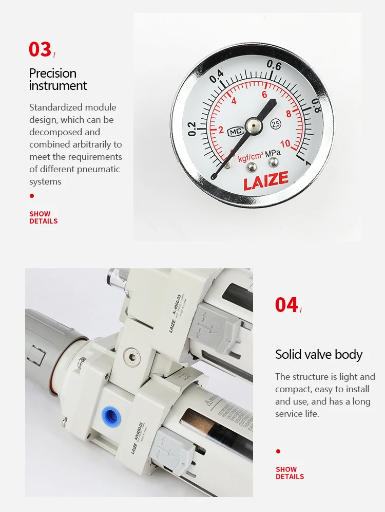 LAIZE Pneumatische FRL-Einheit Luftfilter-Regler-Schmierstoffgeber AC2010 3010 4010 5010 mit automatischer und manueller Entleerung – Detail 8