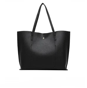 Black Casual Tote Shoulder Bag Dual Straps Soft Faux Cow Leather Open Closure Cotton Lining for Daily Use Simple Purses Handbags