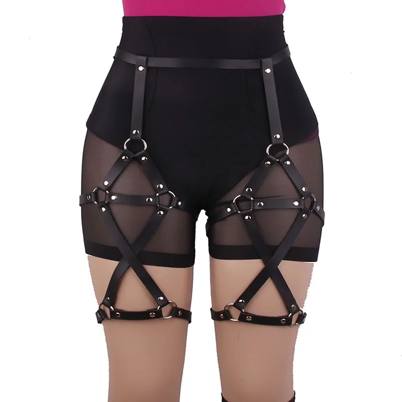 Women Sexy leather garters goth Adjustable Black Cross Suspender erotic rave outfit Waist Belt Lingerie Thigh garter Belt