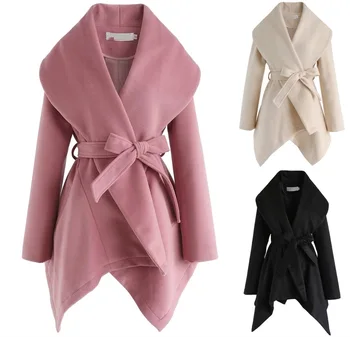 2021 autumn winter new winter fashion shawl collar long sleeve thick solid color strap coat casual women's Woolen coat