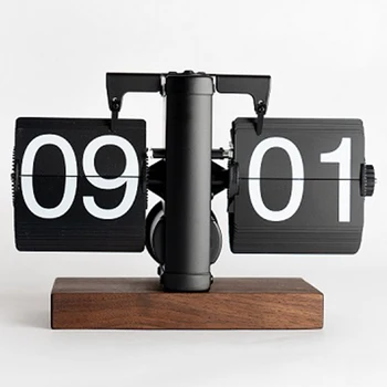 Home Retro Mechanical Page Turning Clock Desktop Personality Automatic Solid Wood Simple Light Luxury Art Decoration
