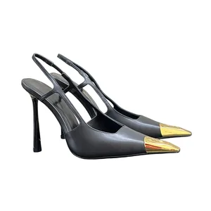 Women's New Socialite Gold Iron Patent Leather Stiletto High Heels Closed Toe Backless Sandals Pump With Thin Heel Slip-on