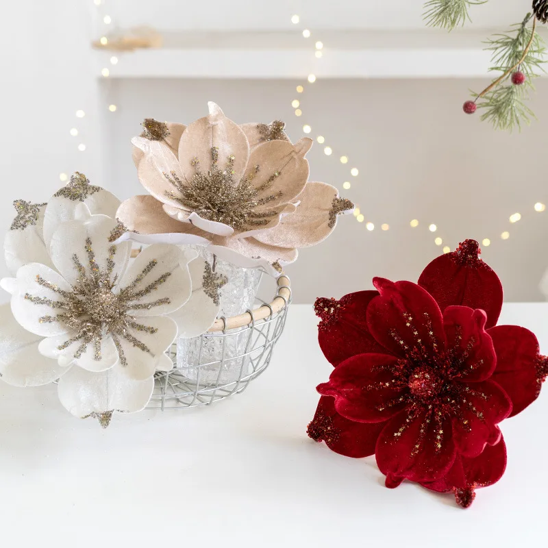 Hochwertige Stoff-Künstliche Magnolie mit klebendem Paillettenpulver, Weihnachtsdekorationen inklusive künstlicher Blumen