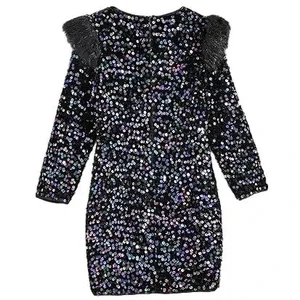 Customized Logo Girl's Long Sleeve Fuzzy Trim Sequins Round Neck Zipper Back Party Velvet Dress