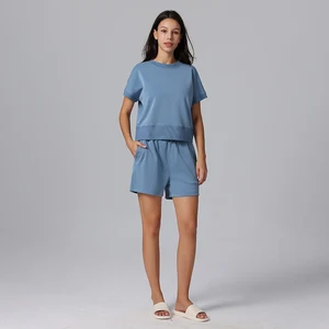 Custom Logo Summer 2 Piece Set Short Women Jogger Sports Short-sleeved Casual Sweatshirt and Short Women Sweatsuit Set Tracksuit