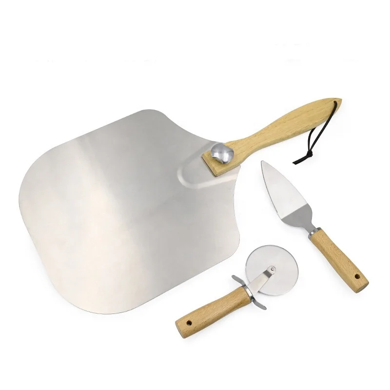 High Quality 3 Pcs Folding Pizza Peel Shovel & Pizza Cutter & Pizza Spatula Sever with Wood Handle for Pizza Cutting Tools