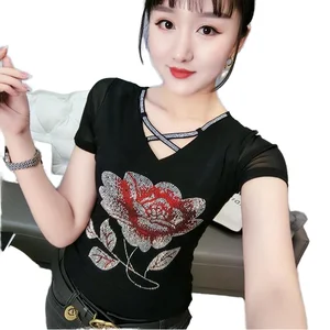 Trendy Summer Women's T-Shirt Heavy Craft Rhinestone Double Layer Ice Silk Mesh Short Sleeve Top