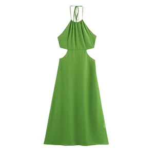 Women's Casual Fashion Long Halter Dress Green Waist Hollow Sleeveless Maxi Length Breathable Woven Solid Pattern for Summer