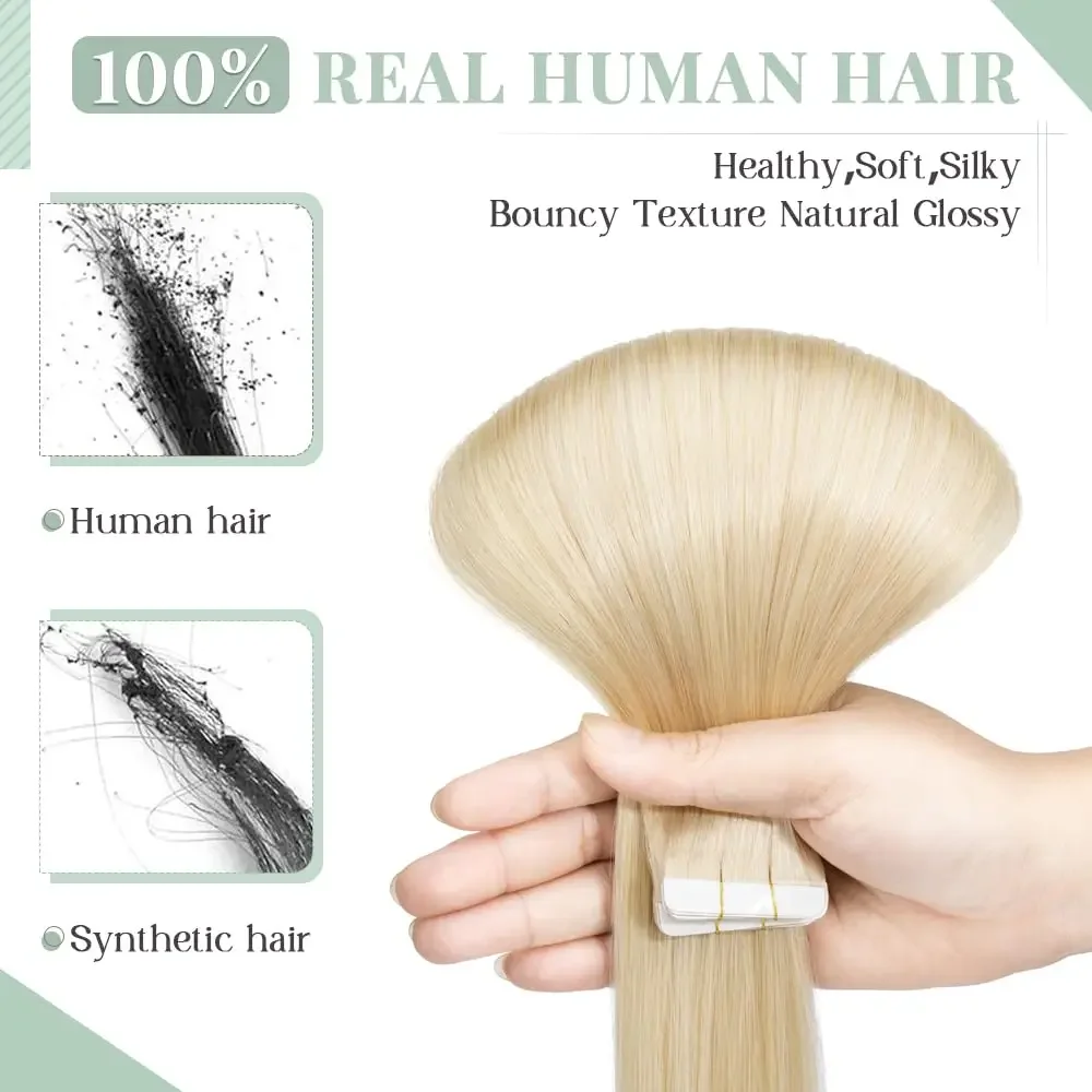 Tape-In-Haarverlängerungen, Echthaar, Nr. 613, gebleichtes Blond, Remy, glatt, Hauttresse, 20-teiliges Set, 16-26 Zoll_voghion.com