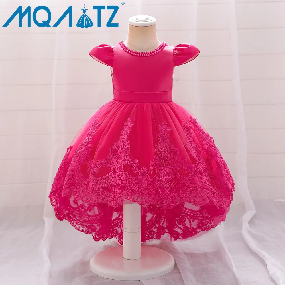 MQATZ Hot Sale Baby Girl Kids Birthday Party Dress Pink Color Short Sleeve  First Birthday Tailing Dress T2101XZ