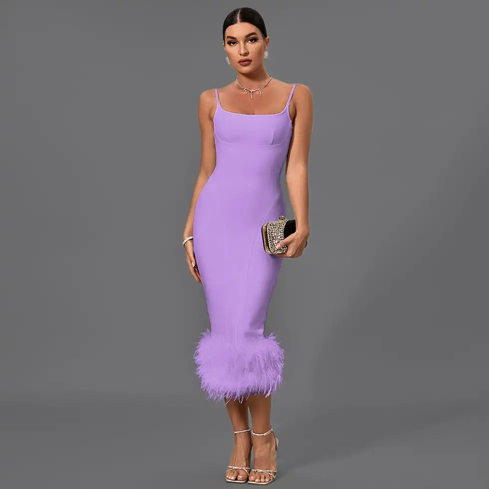 Ocstrade 2024 Fall Hot Style Elegant Party Bandage Spaghetti Strap Dress Feather Slit Long Sleeveless Summer Womens Dresses