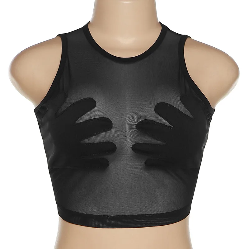 Women's Mesh Spaghetti Strap Crop Top With Mermaid Sea Shell Pattern - Summer Tank Vest 8 thumbnail image