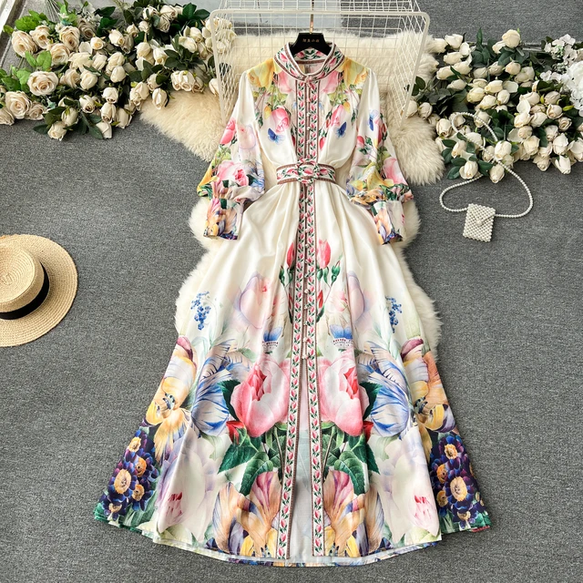 ZT1255 Vintage flower dress stand collar bubble sleeve spring women print temperament maxi dress