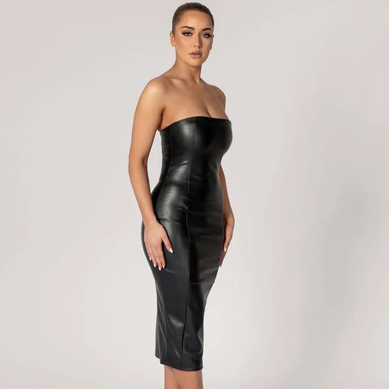 Summer Mature Boob Tube Dress Solid Color PU Leather Dress Fashion  Temperament Back Split Midi Dresses Women Elegant