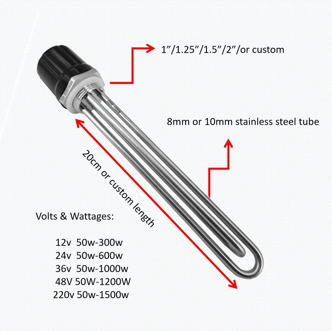 1/2'' Thread DC Cartridge Heating Element – 24V To 72V, 200W To 1kW Immersed Water Heater (72V/500W Shown)