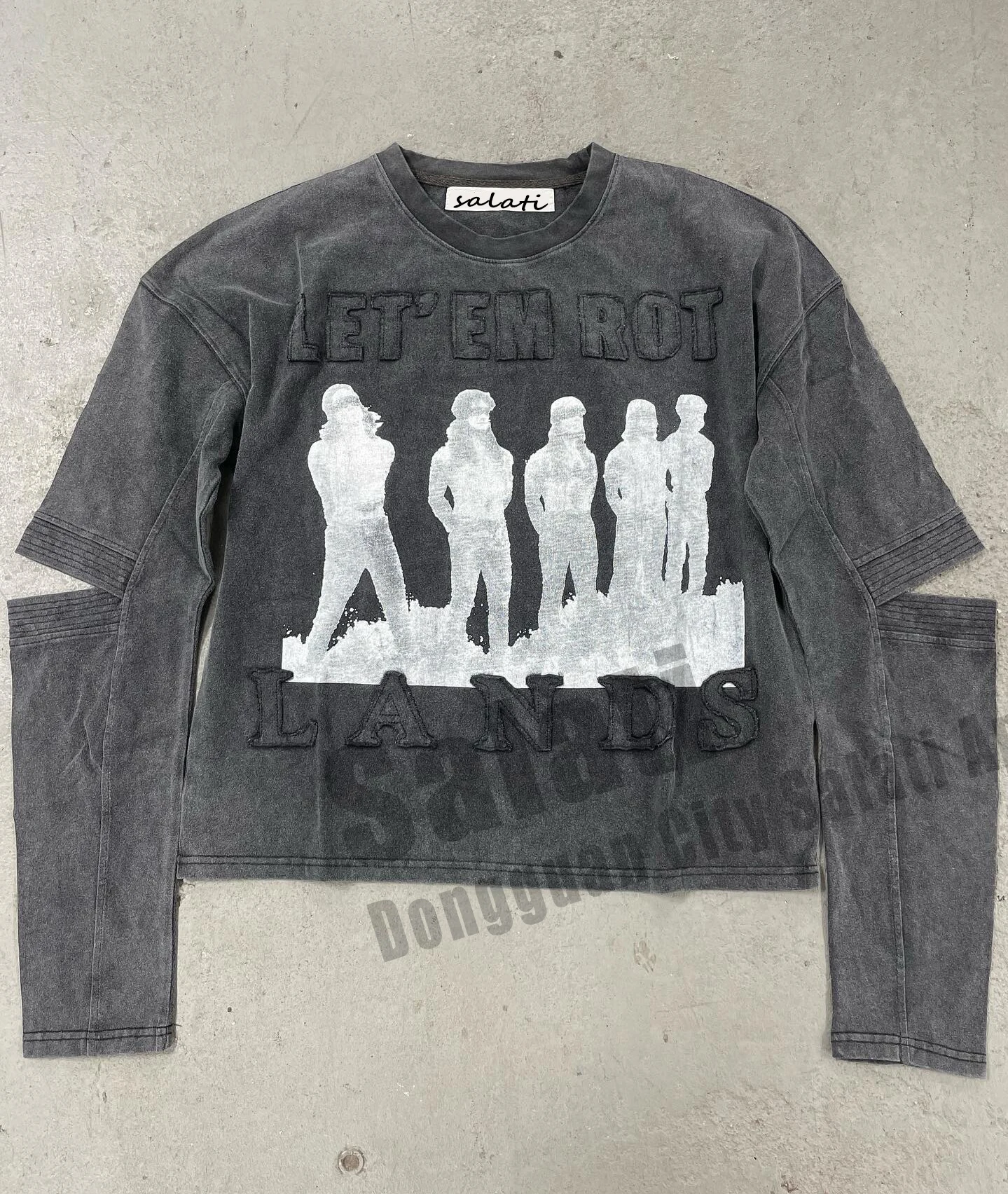 Customize Graphic Cropped Top Tee Print Black Applique Embroidery Cotton Stone Acid Wash Long Sleeve T-shirts T Shirt for Men gallery 8