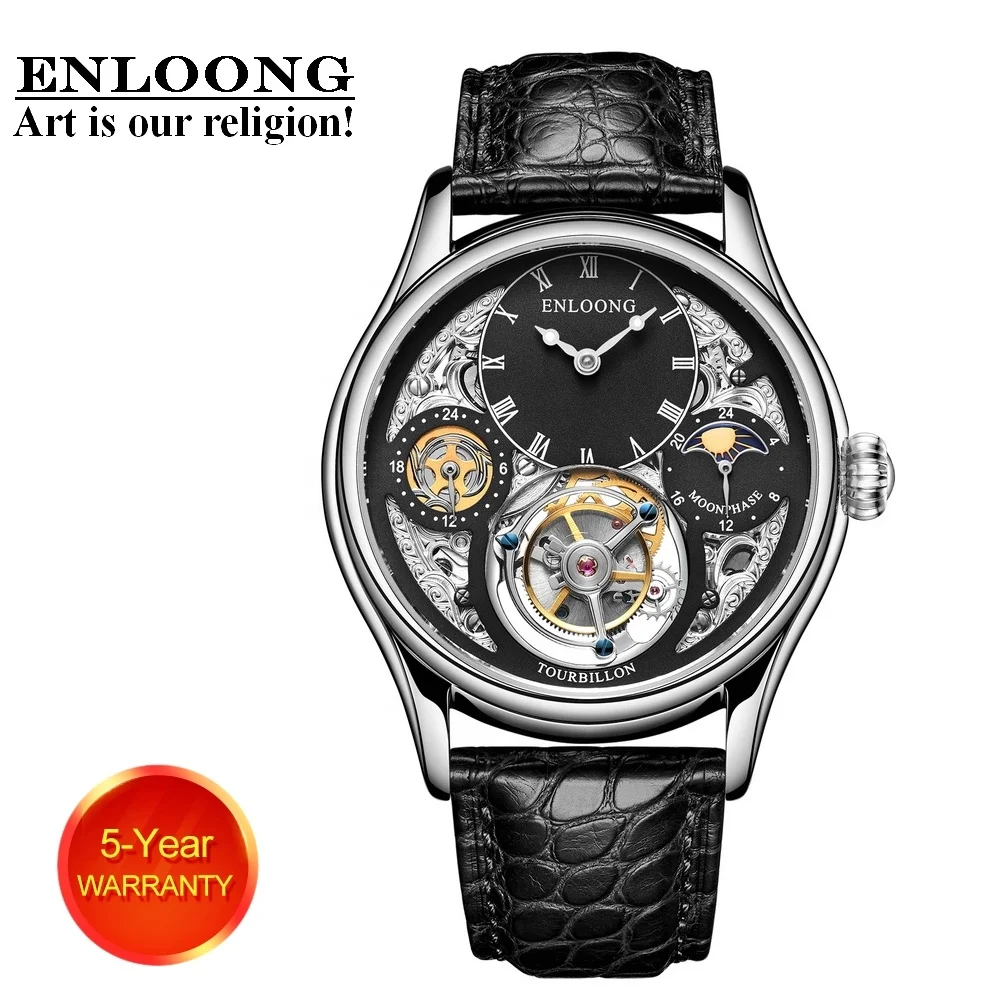 
2020 ENLOONG Real Luxury Skeleton Flying Tourbillon Watches with GMT Mechanical Wrist Watch Men Blue OEM Watch Titanium 
