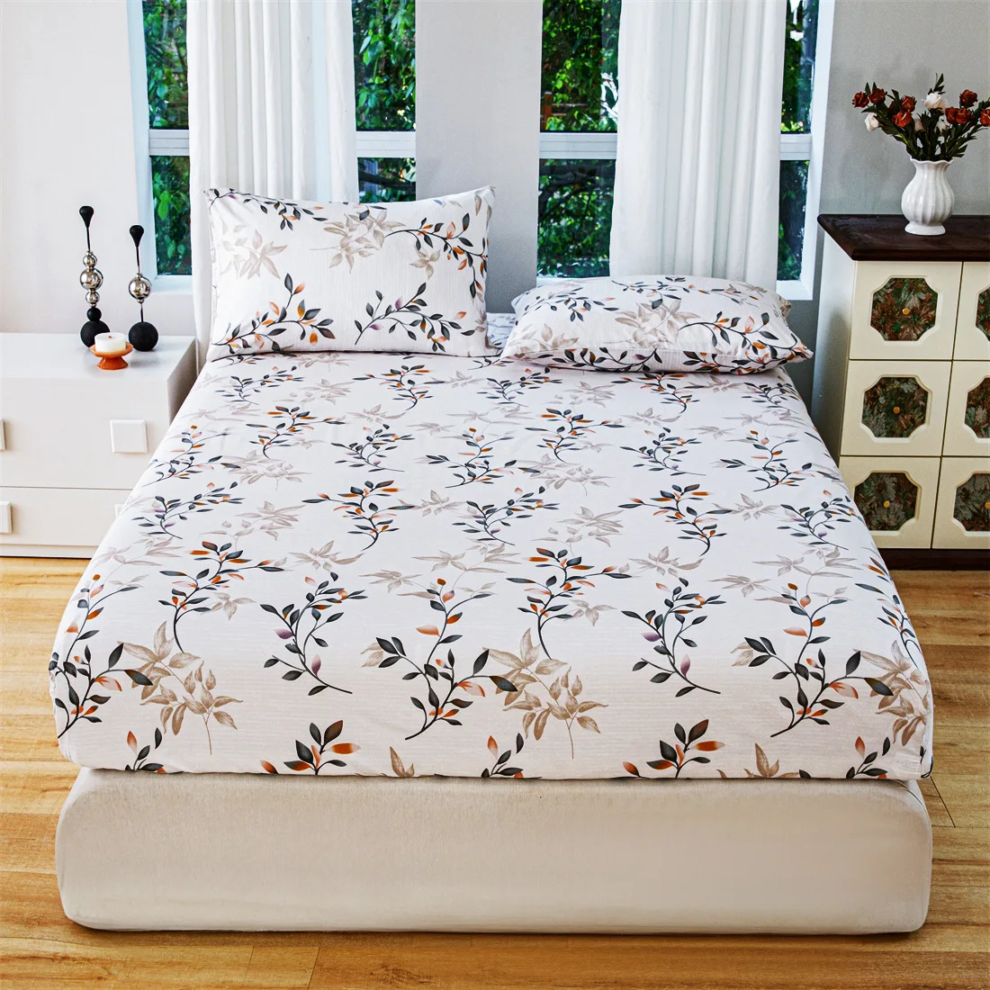 AOYATEX New American style bed sheet polyester mattress cover plant flower printing bedding fitted sheet