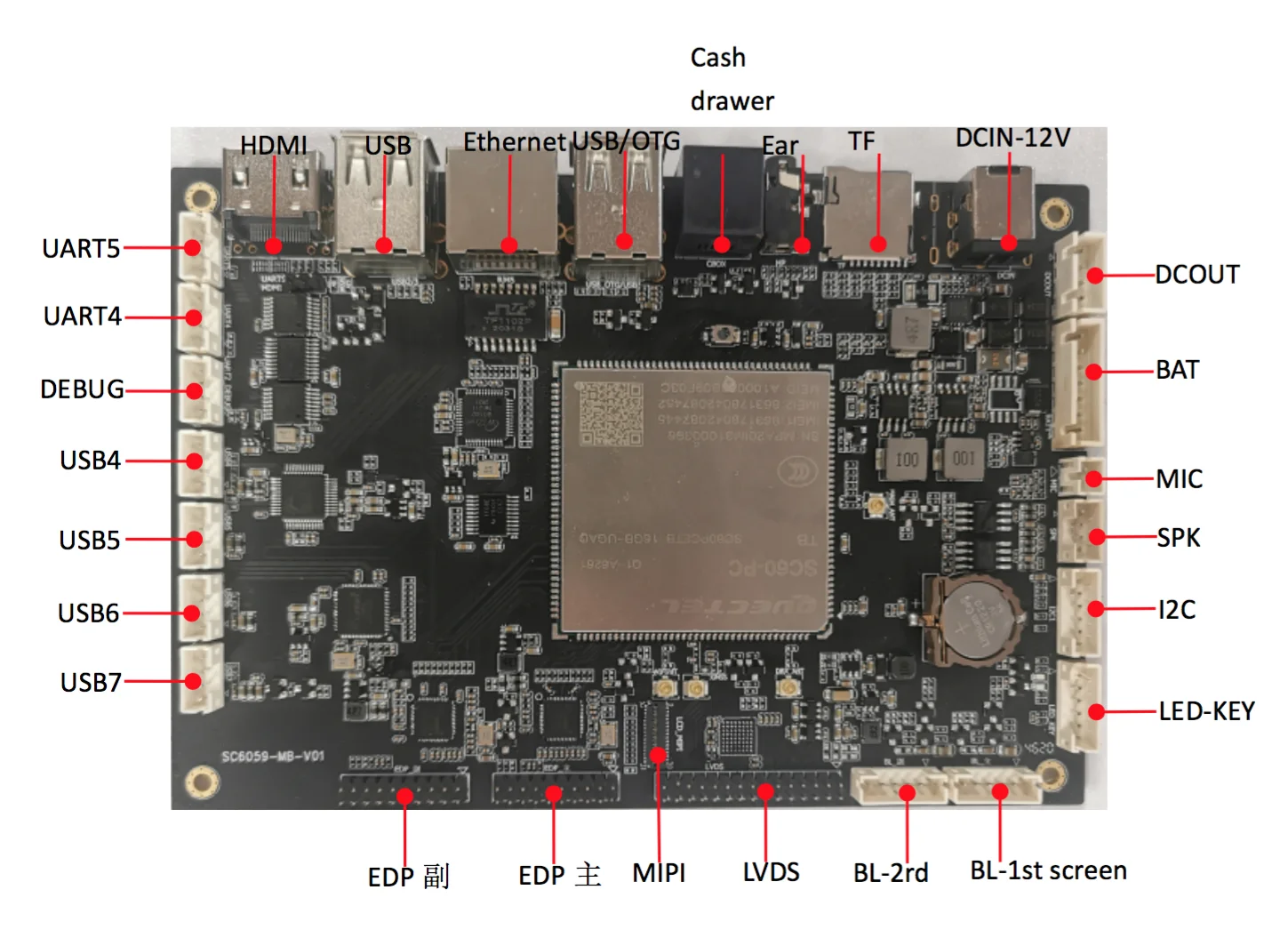 SC6059 Qualcomm CPU 8コアAndroid9.0産業用マザーボードPCBAEDP LVDS