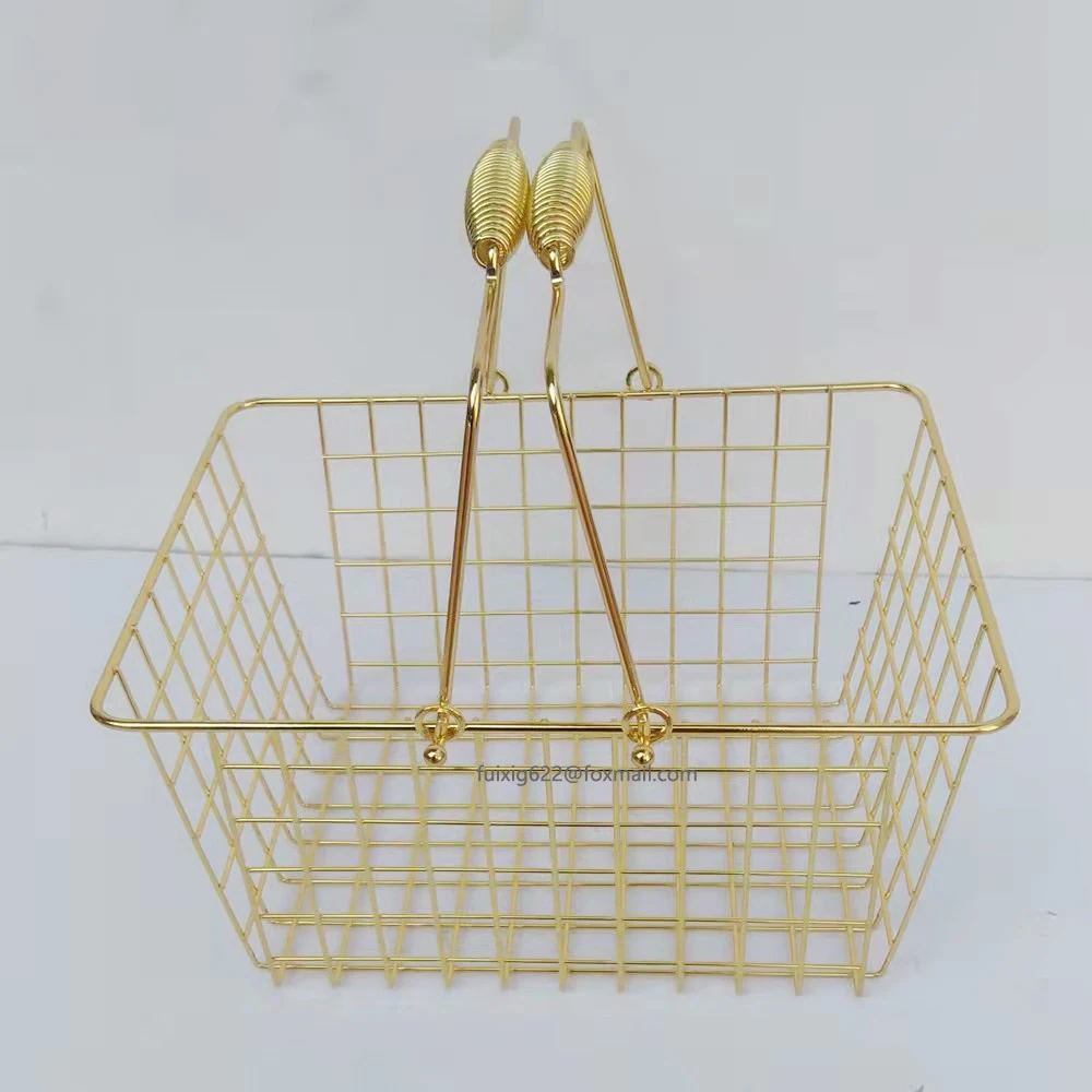 Gold Stackable Wire Mesh Basket Shopping Storage Basket with Double Handle
