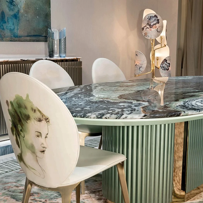 High End Designer Leonardo Light Green Italian Luxury Villa Natura Oval Marble Pandora Granite Dining Table