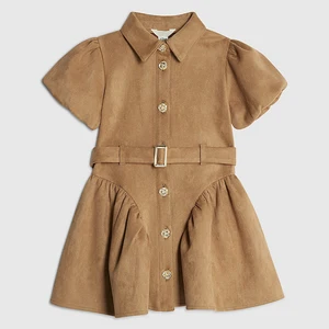 Custom Girls Children's Winter Faux Suede Woven Skater Dress Short Sleeve Puff Sleeve Mini Soft Flare Silhouette Belt 2-12 Years