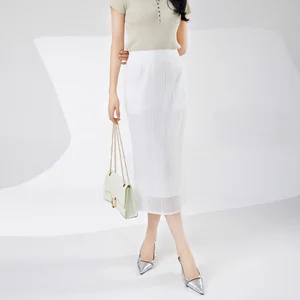 Wholesale Latest Design Women's Pleated Fashionable and Unique Skirt High Quality Side Slit Straight Solid Color Mesh Skirt