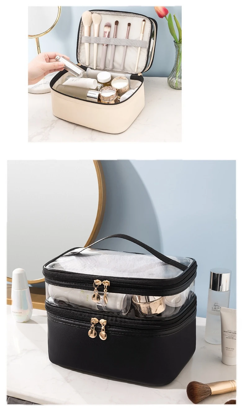 Double Layer Zipper Makeup Bag Transparent Pu Washable Bag Portable ...