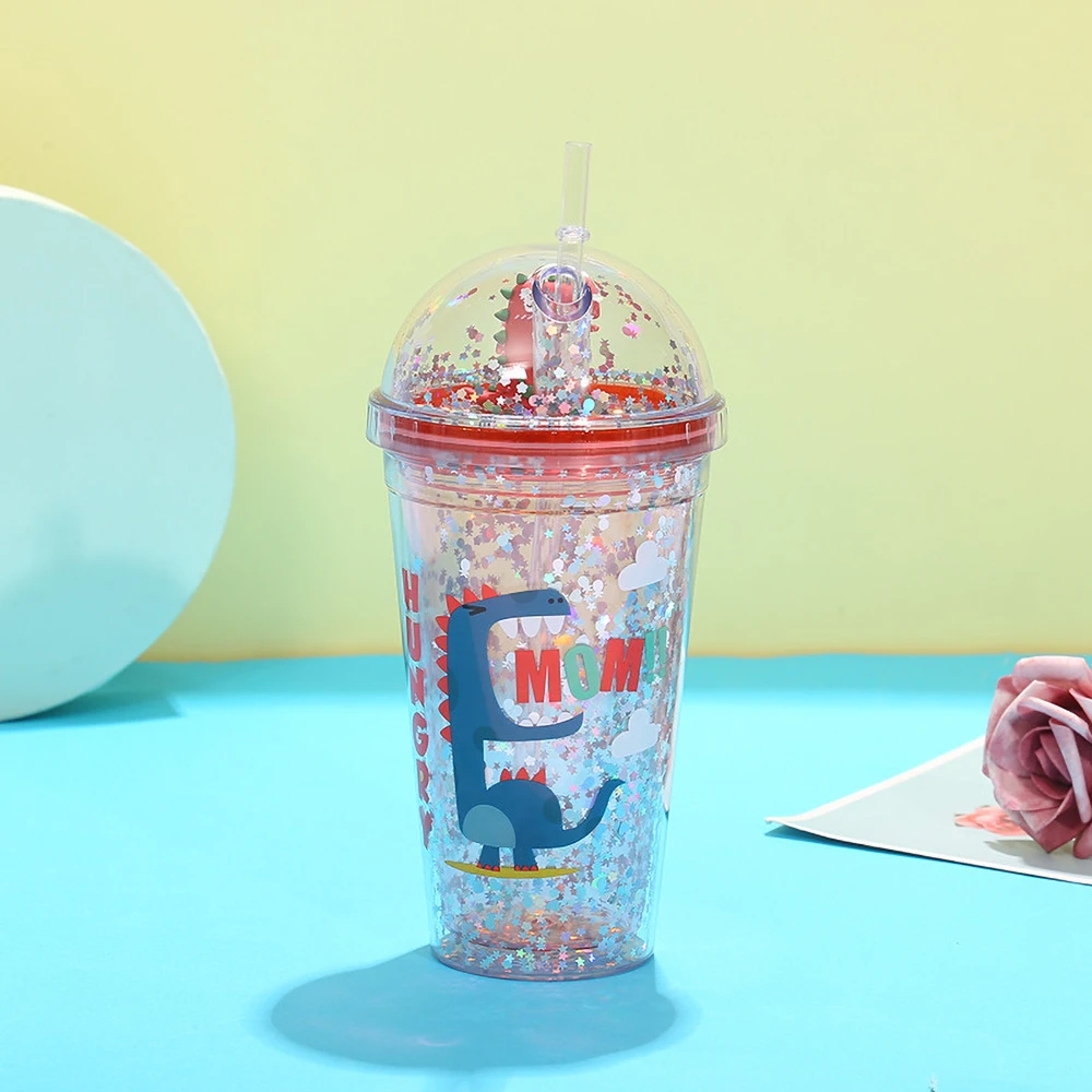 Little Dinosaur Design Custom Logo Plastic Tumbler AS Plastic Reusable Cups Glitter Tumbler With Lids and Straw