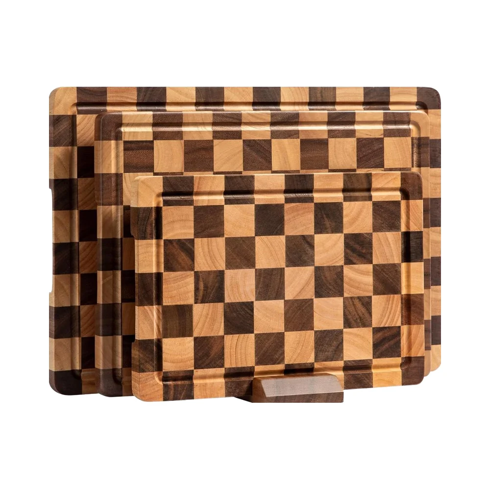 Acacia Wood Checkered Rectangle Cutting Board Set Dishwasher Safe Kitchen Chopping Board Juice Grooves Handles Block