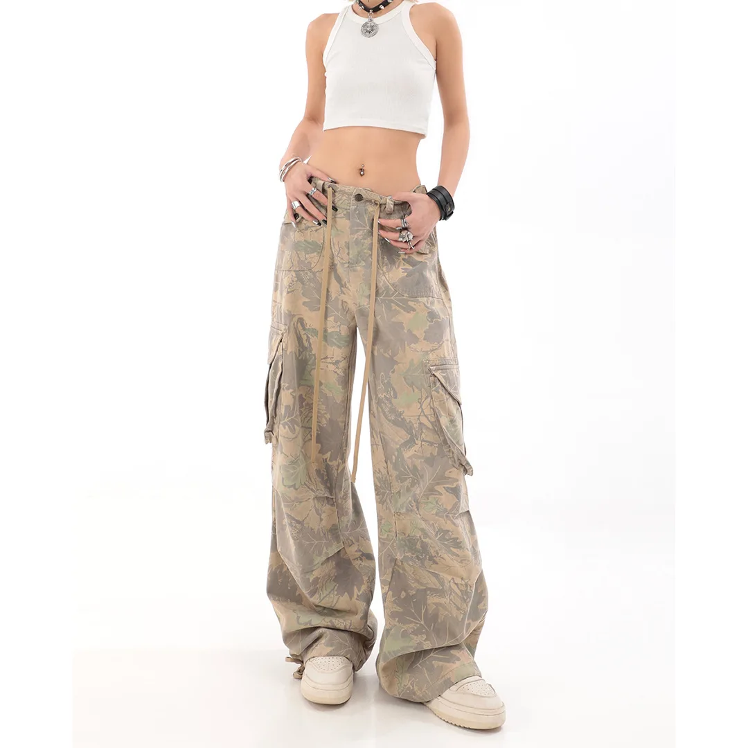 Custom Logo Oversized Straight Low Waist Drawstring Wide Leg Loose Parachute Versatile Casual Cargo Pants Women's Pants Trousers