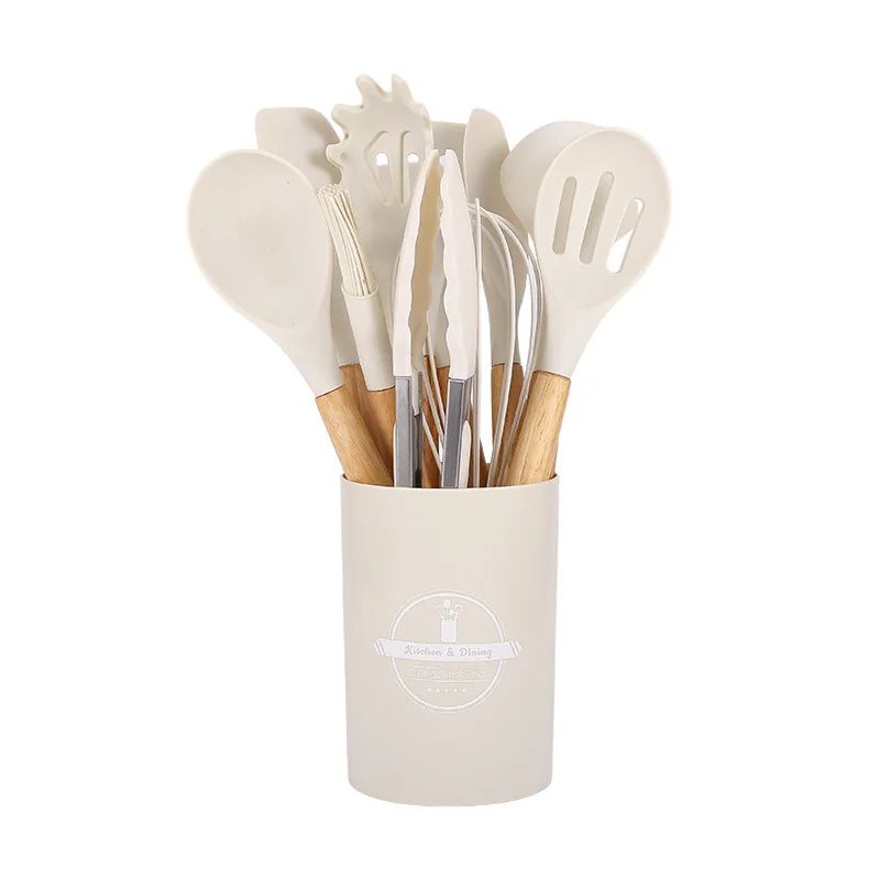 Reasonable Price 12 in One Silicone Kitchenware Products Non-Stick Heat Resistant Kitchen Utensils Set With Wooden Handle