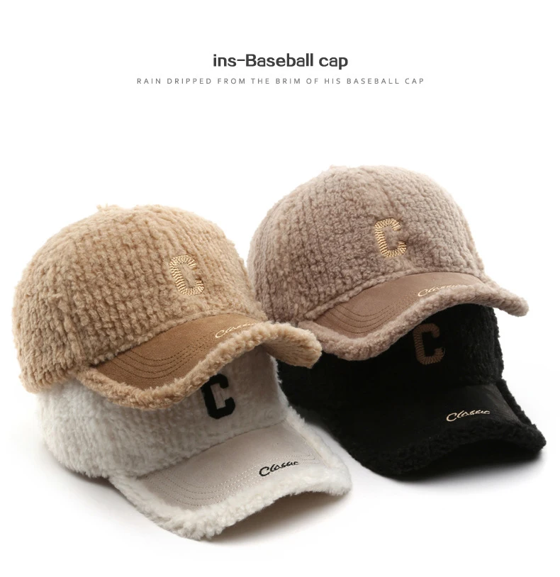 Warm Winter Lamb Wool Outdoor Travel Caps Solid Color Plush Fleece Embroidered Logo Letters Baseball Hat for Men Women