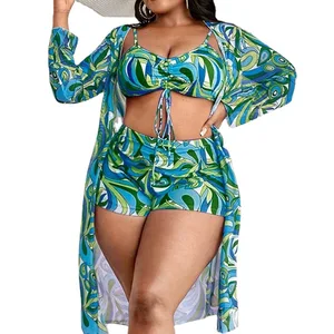 Cikini Plus Size 3-Piece Swimsuit Women's Long Print Blouse Drawcord Corset  Summer Beach Bikini Wholesale Bathing Suits