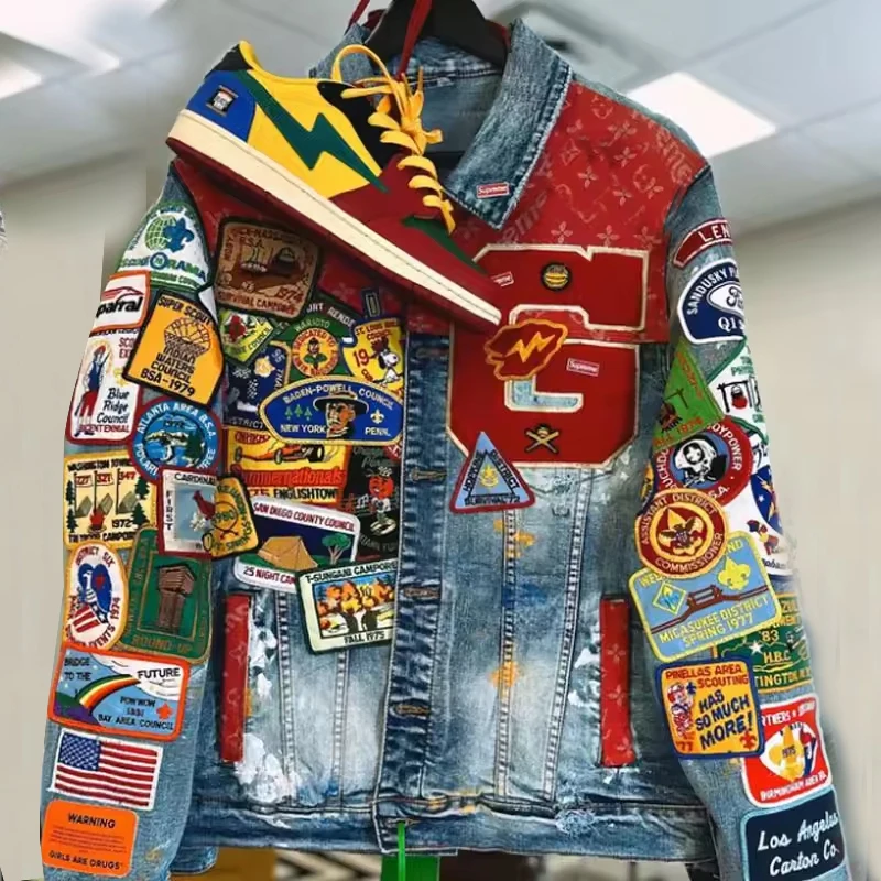 Custom Patch Turn Down Neck Oversized Long Sleeve Winter Baggy Denim Vintage Graphic Anime Fur Fluffy Collar Men's Jacket gallery 7