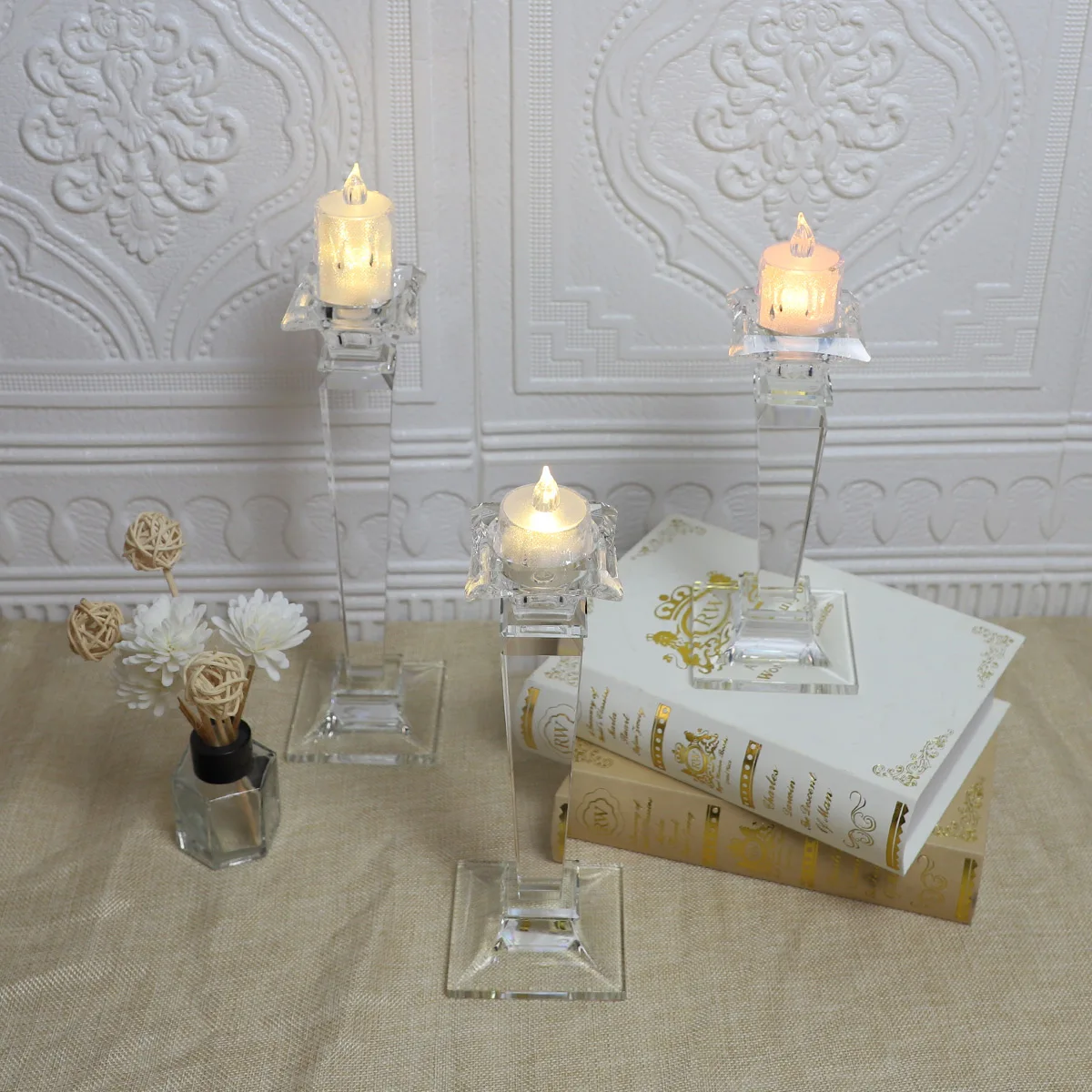 Set of 3 led crystal flat glass candle holders lanterns and candle jars for wedding manufacture