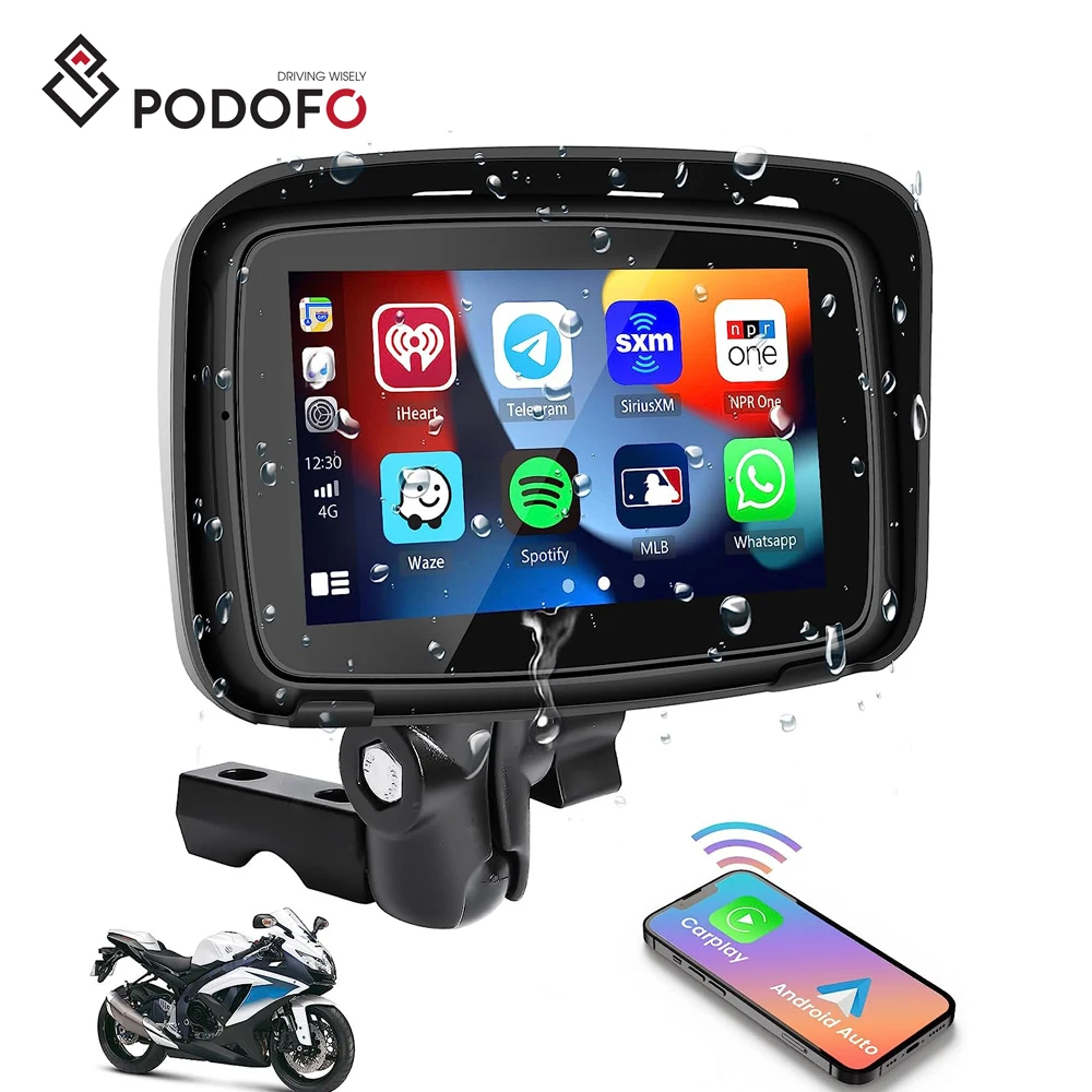 Podofo Portable Wireless CarPlay for Motorcycle Navigator 5 inch IPS Touch  Screen Waterproof Andriod Auto Player for Motorcycle Voice Control Dual