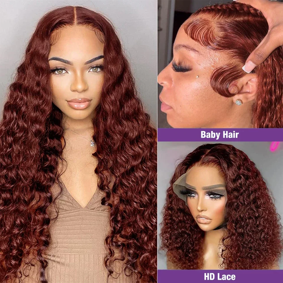 Rötlich braune Jerry Curly Lace Front Perücke Remy Echthaar 13x6 Kinky Curly Glueless Transparent Frontal Perücke_voghion.com