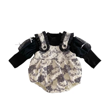 INS autumn and winter baby romper girls floral suspender jumpsuit padded stylish one-year-old princess infant clothes