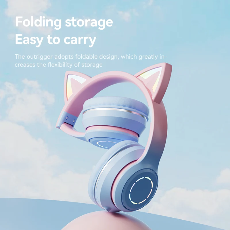 New 2023 Electronics ST89  Pink LED Cat Ear Headphones Wireless Bt Earphone Earbuds Over Ear Headset for Kids Gift