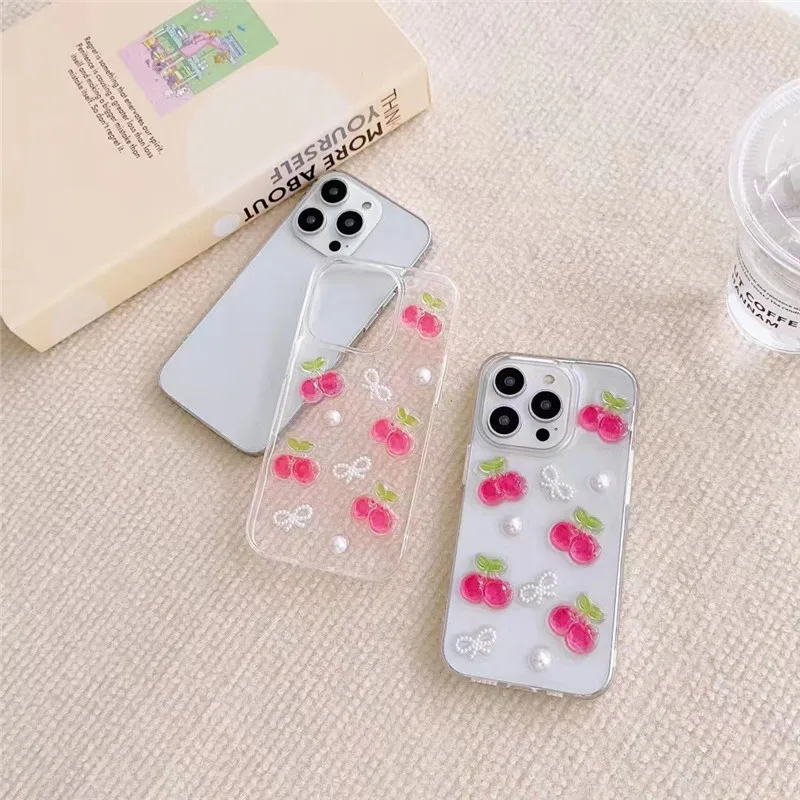 3D Cherry iPhone Case with Butterfly & Pearl Design