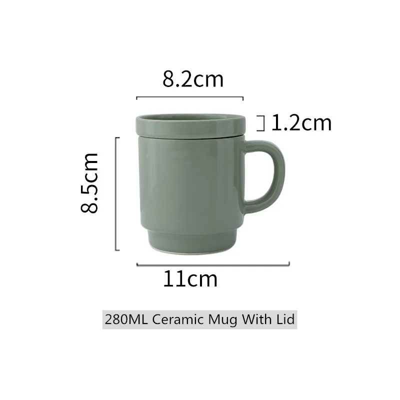 Nordic style glossy green glaze presents handgrip shape travel ceramic coffee mug with lid