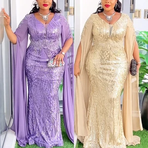 Trendy Plus Size Women's Evening Dresses Elegant V-neck Cape Sleeve Long Church Gowns Sequin Party Dresses for Women
